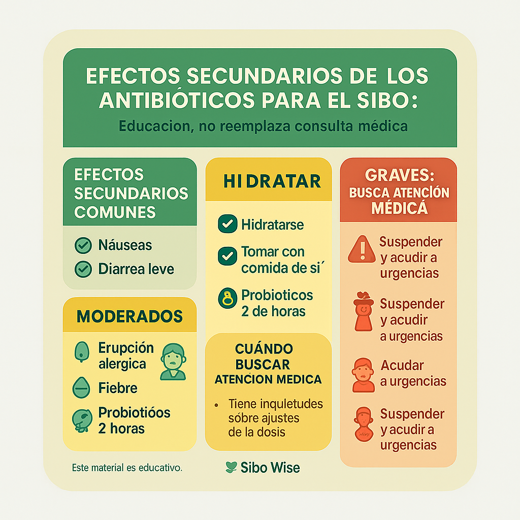 Infografía de seguridad mostrando los efectos secundarios más comunes de los antibióticos para SIBO