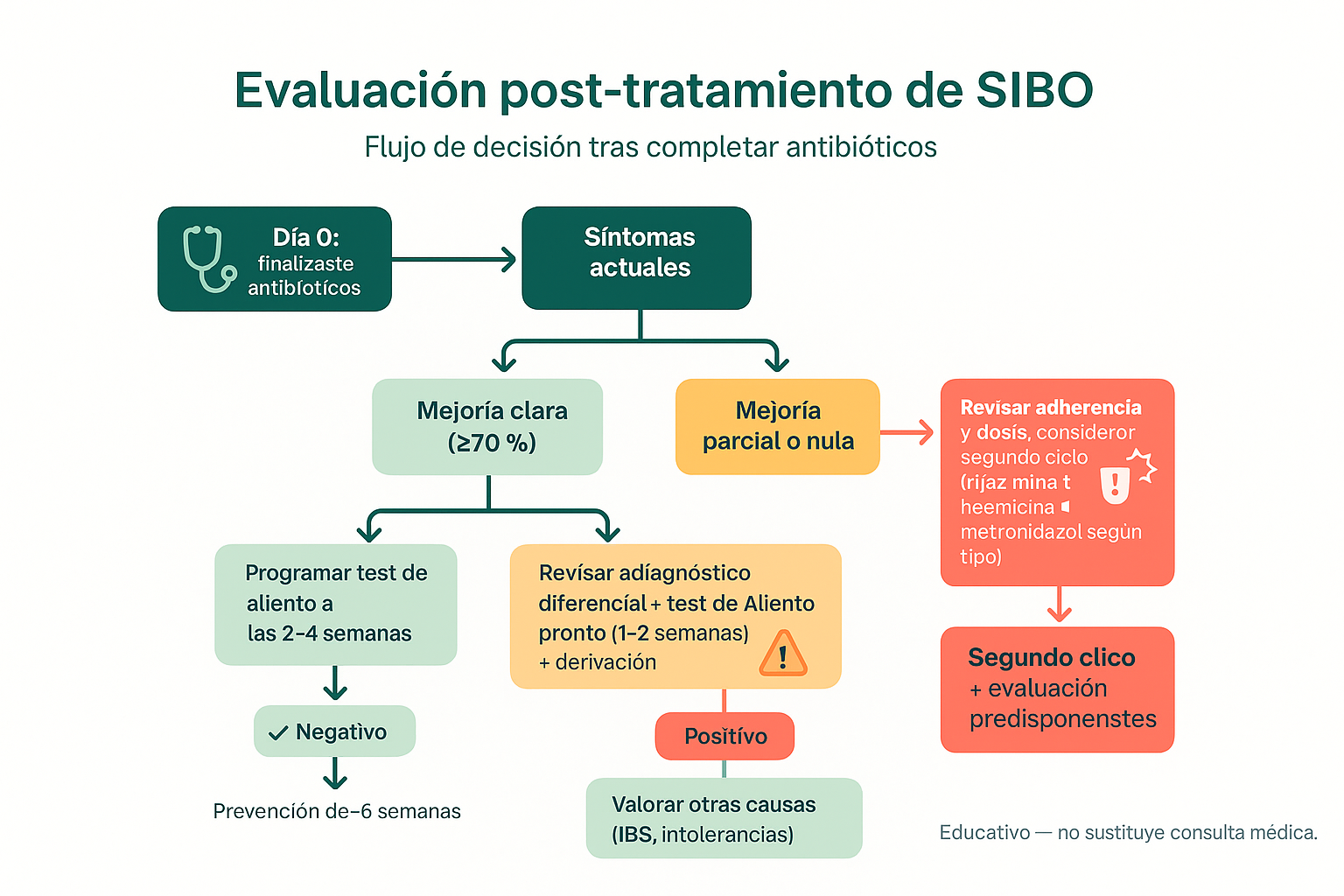 Diagrama de decisión post-tratamiento mostrando el flujo de evaluación después de completar antibióticos