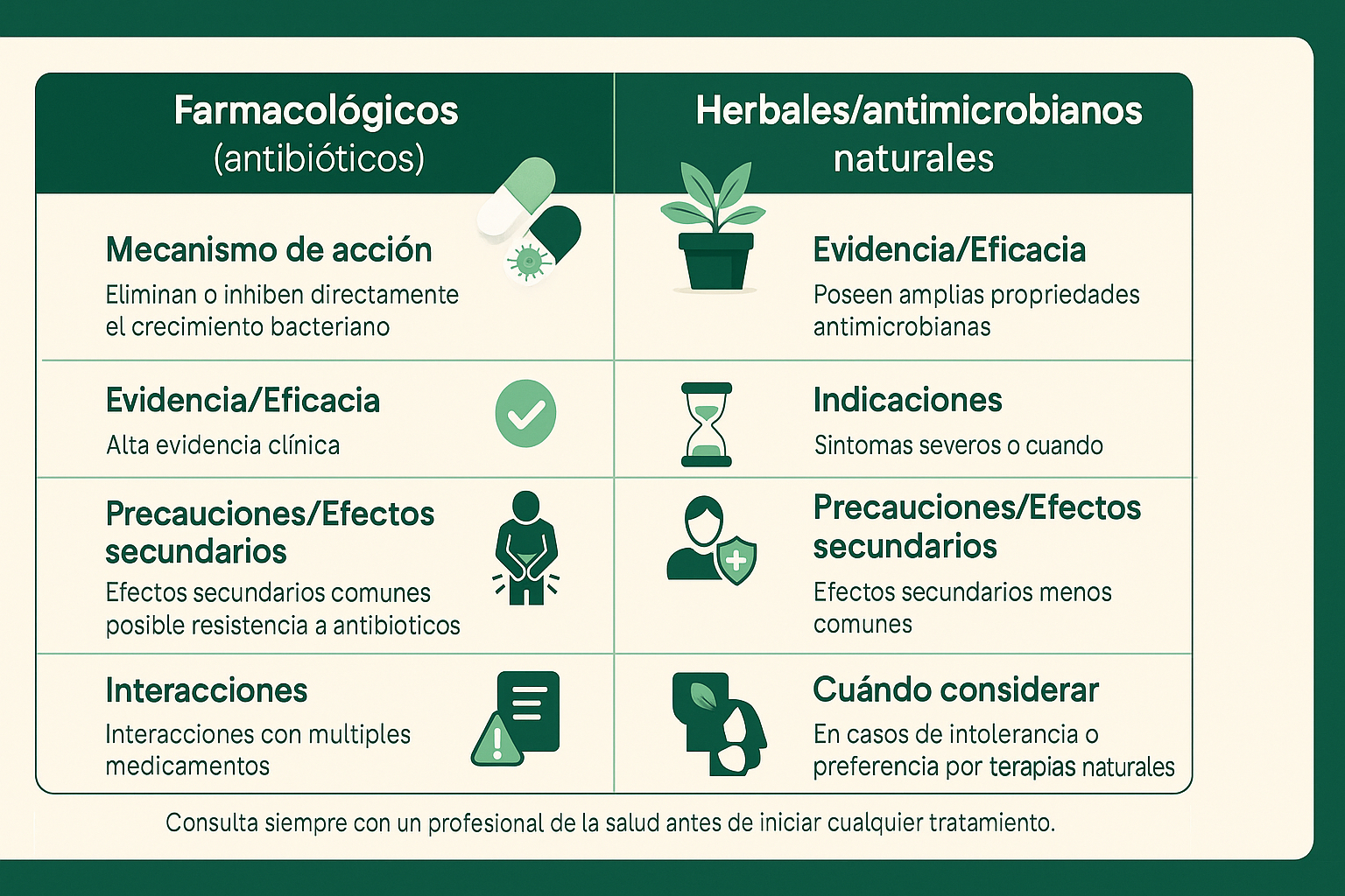 Comparación visual entre tratamientos antibióticos farmacológicos y alternativas herbales/antimicrobianos naturales