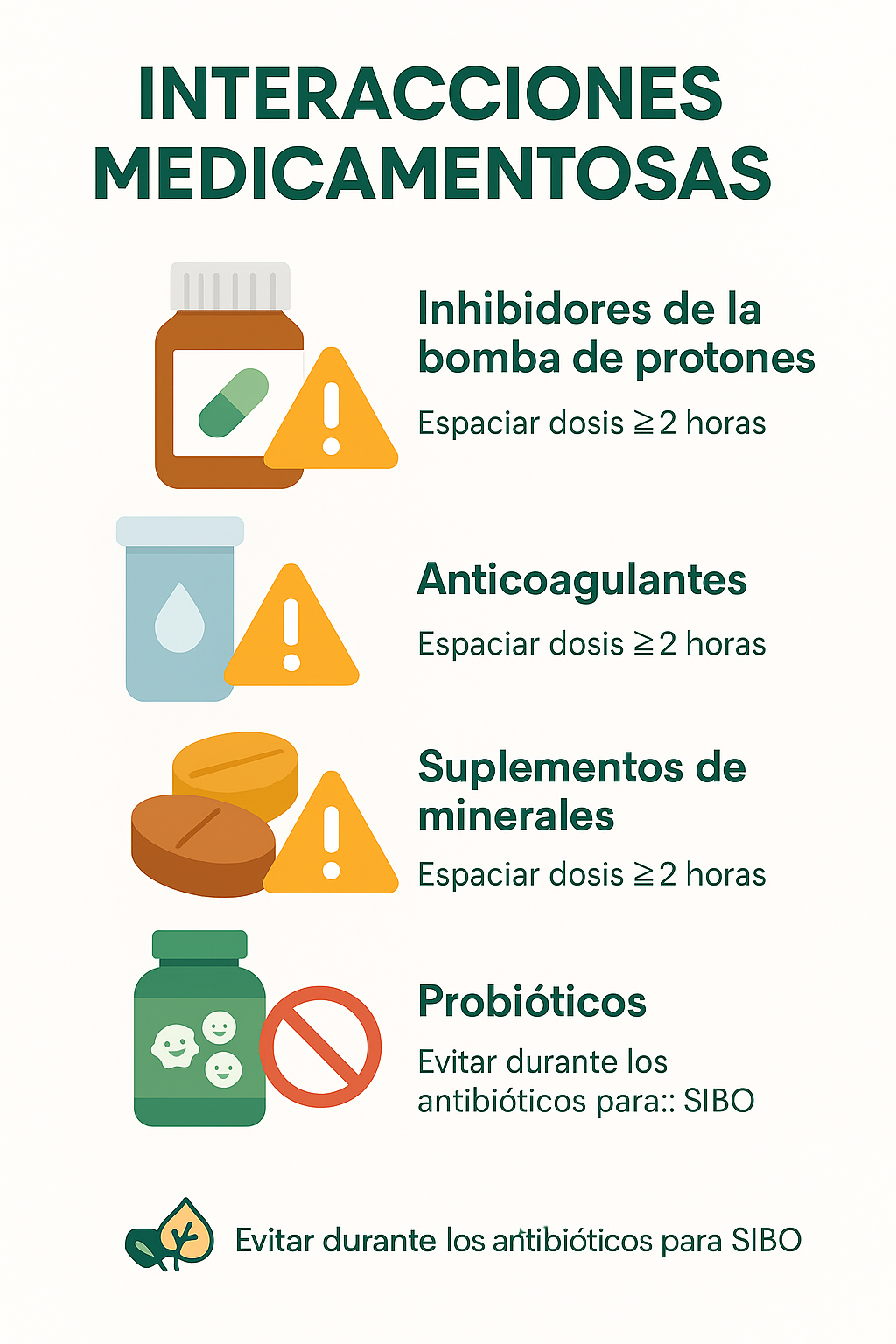 Diagrama de interacciones medicamentosas mostrando los principales medicamentos y suplementos que pueden interactuar con antibióticos para SIBO
