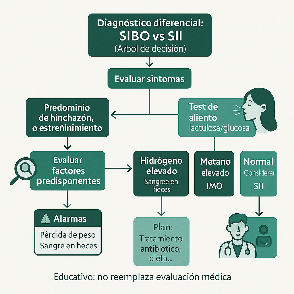 Diagrama de flujo de diagnóstico diferencial mostrando cómo los médicos diferencian entre SIBO y SII