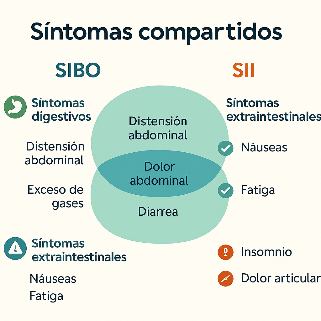 Infografía comparativa lado a lado mostrando los síntomas compartidos entre SIBO y SII