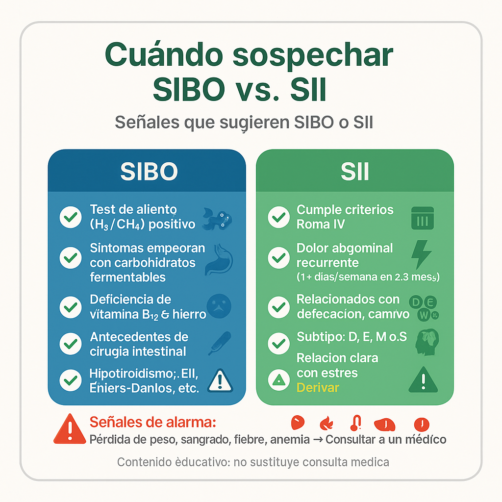 Infografía tipo checklist visual "Cuándo sospechar SIBO vs. SII"