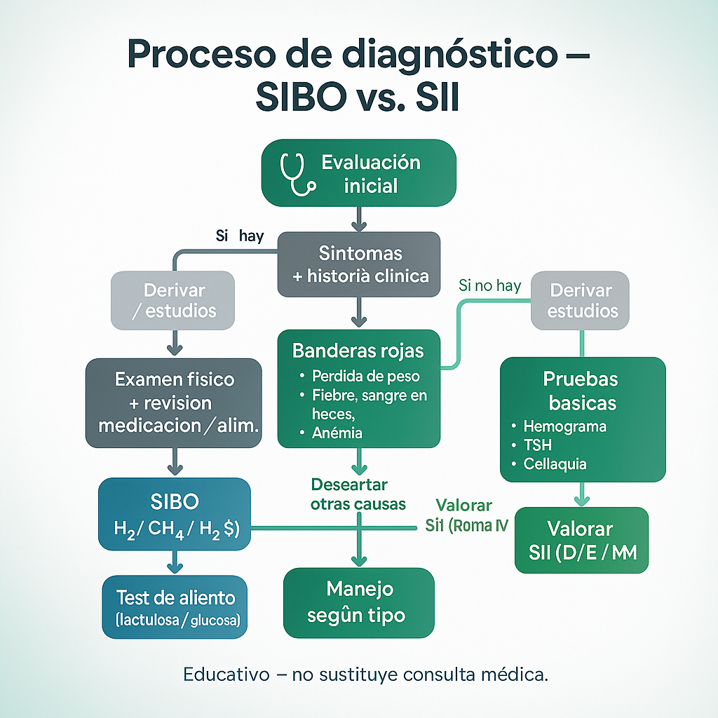 Diagrama de flujo del proceso de diagnóstico mostrando los pasos típicos que sigue un médico para diagnosticar SIBO vs. SII