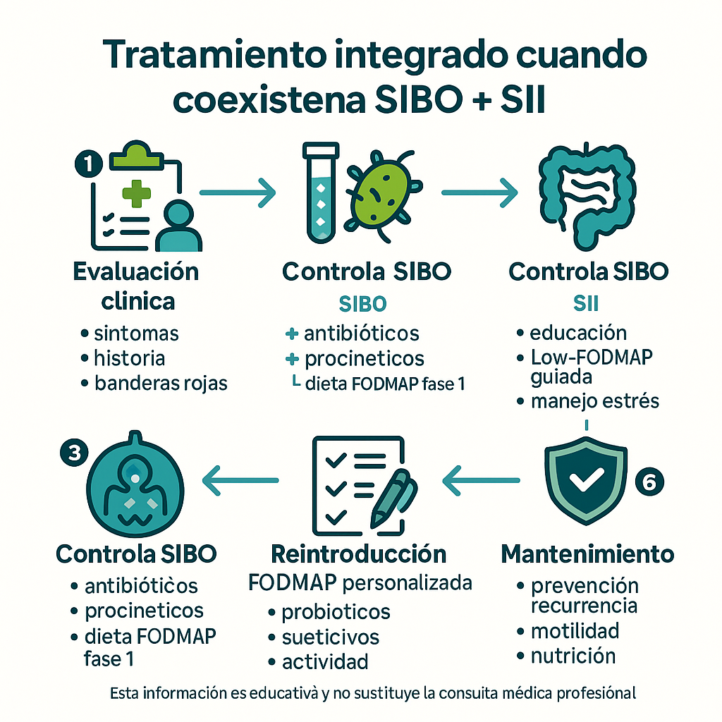 Infografía de enfoque integrado para cuando SIBO y SII coexisten