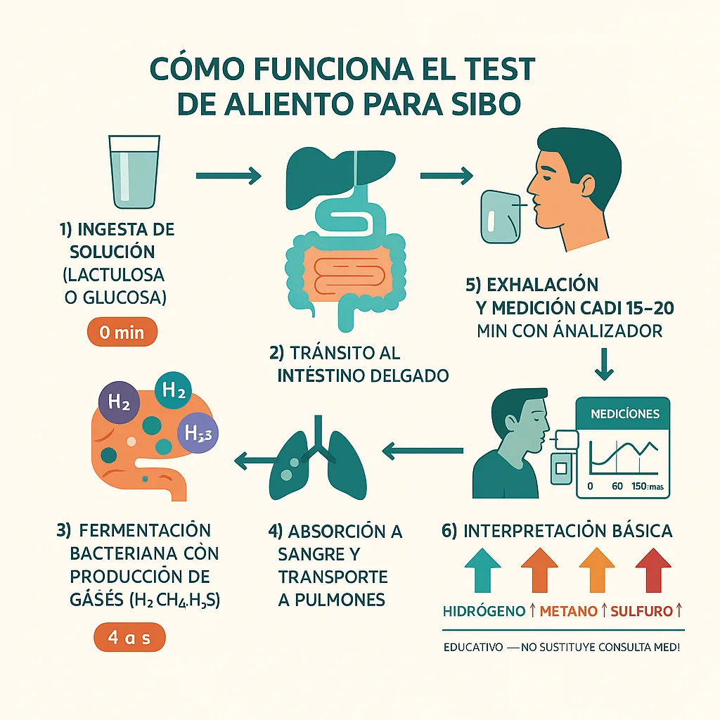 Infografía científica explicando cómo funciona el test de aliento
