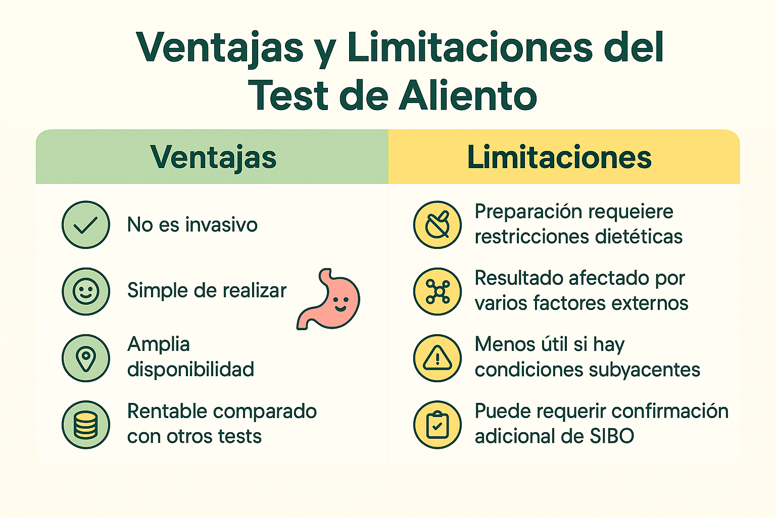 Infografía comparativa mostrando las ventajas y limitaciones del test de aliento