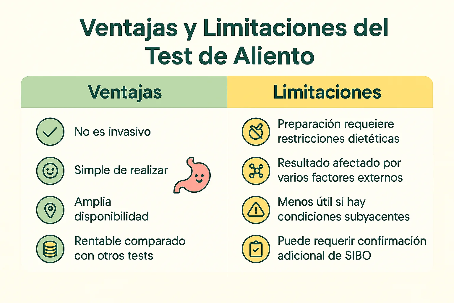Infografía comparativa mostrando las ventajas y limitaciones del test de aliento