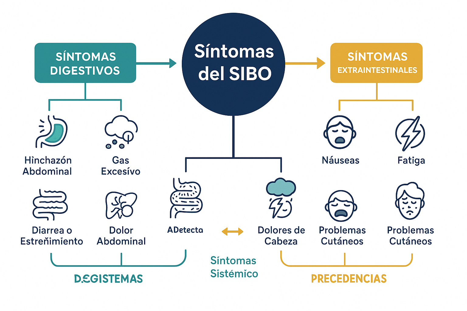 Infografía visual de síntomas del SIBO organizada por categorías