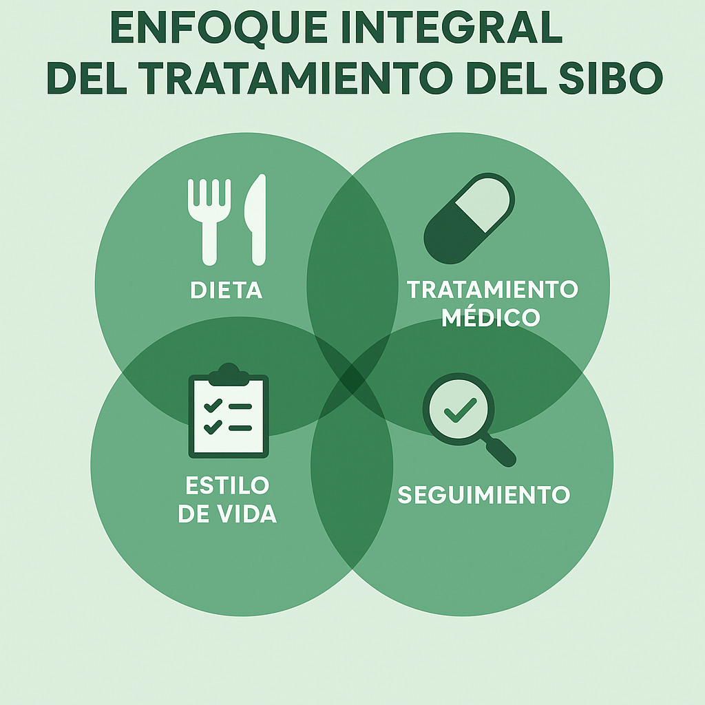 Diagrama visual mostrando el enfoque integral del tratamiento del SIBO