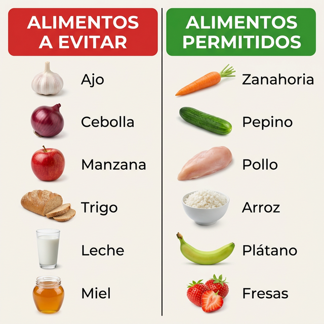 Tabla visual con dos columnas: Alimentos a Evitar y Alimentos Permitidos