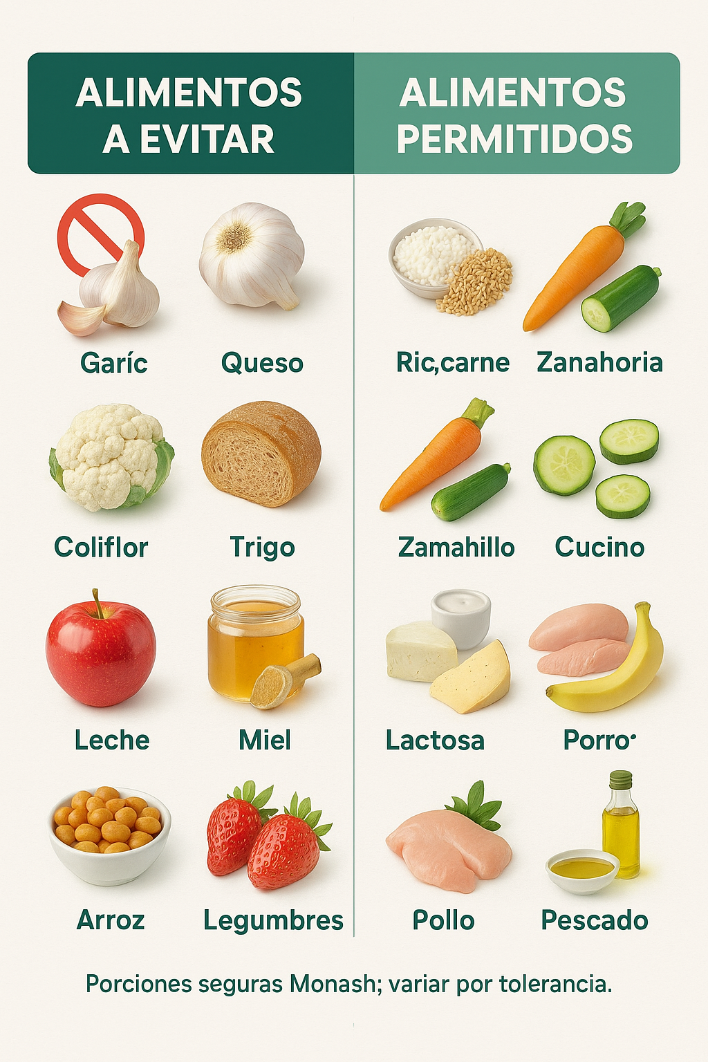 Tabla visual con dos columnas: Alimentos a Evitar y Alimentos Permitidos