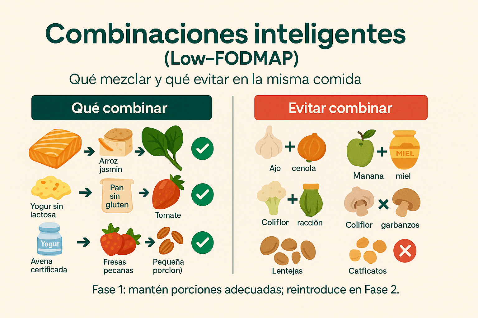 Infografía visual mostrando ejemplos de combinaciones inteligentes de alimentos