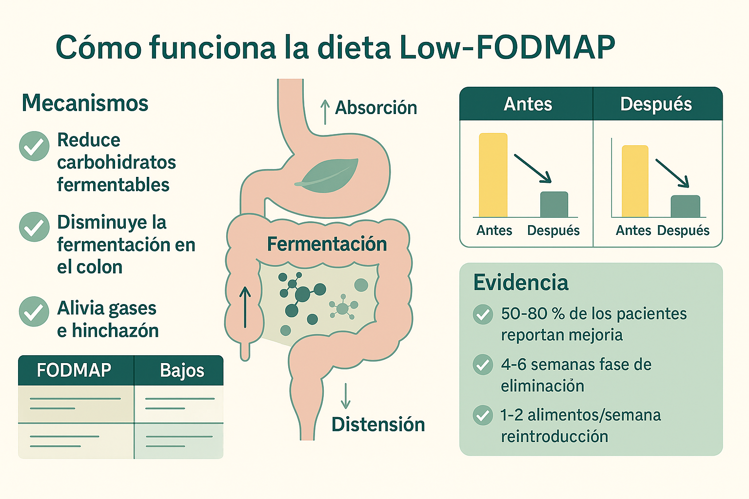 Infografía científica mostrando los mecanismos de acción de la dieta Low-FODMAP