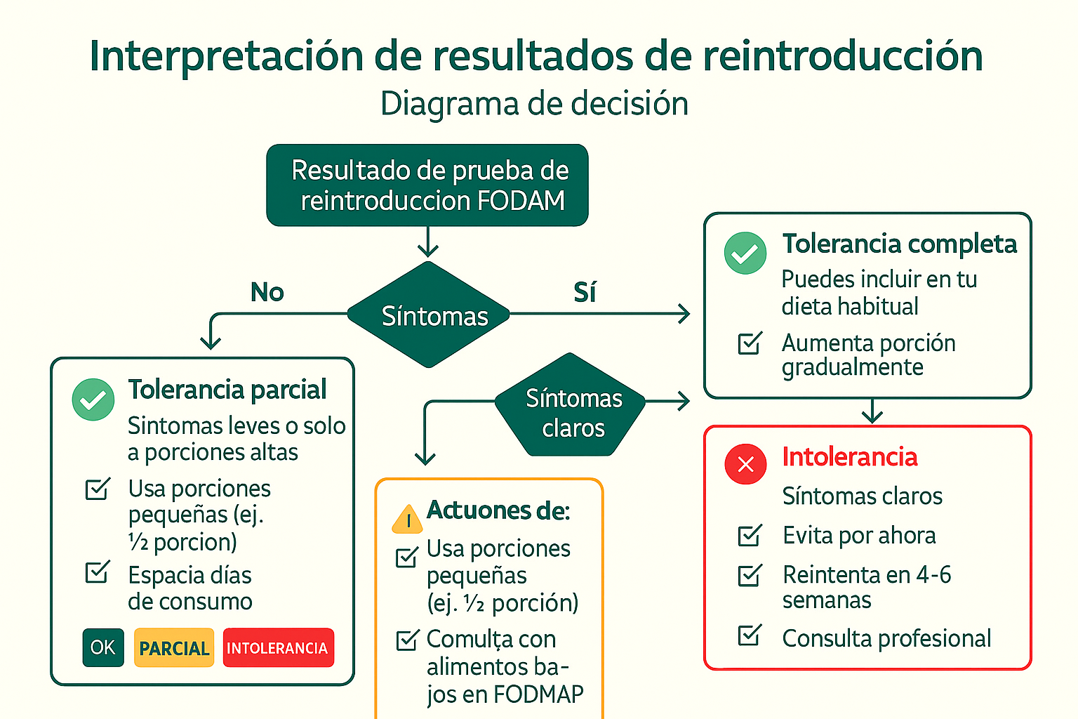 Diagrama de decisión visual mostrando cómo interpretar los resultados de las pruebas