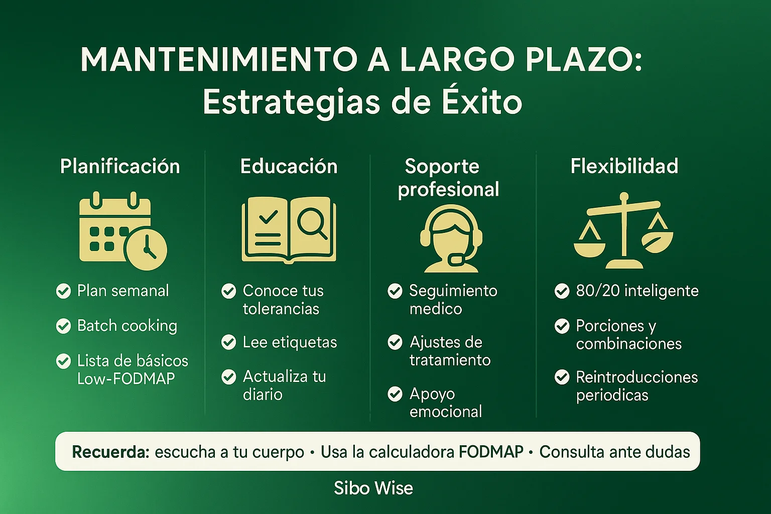 Infografía motivacional mostrando estrategias de éxito para el mantenimiento a largo plazo