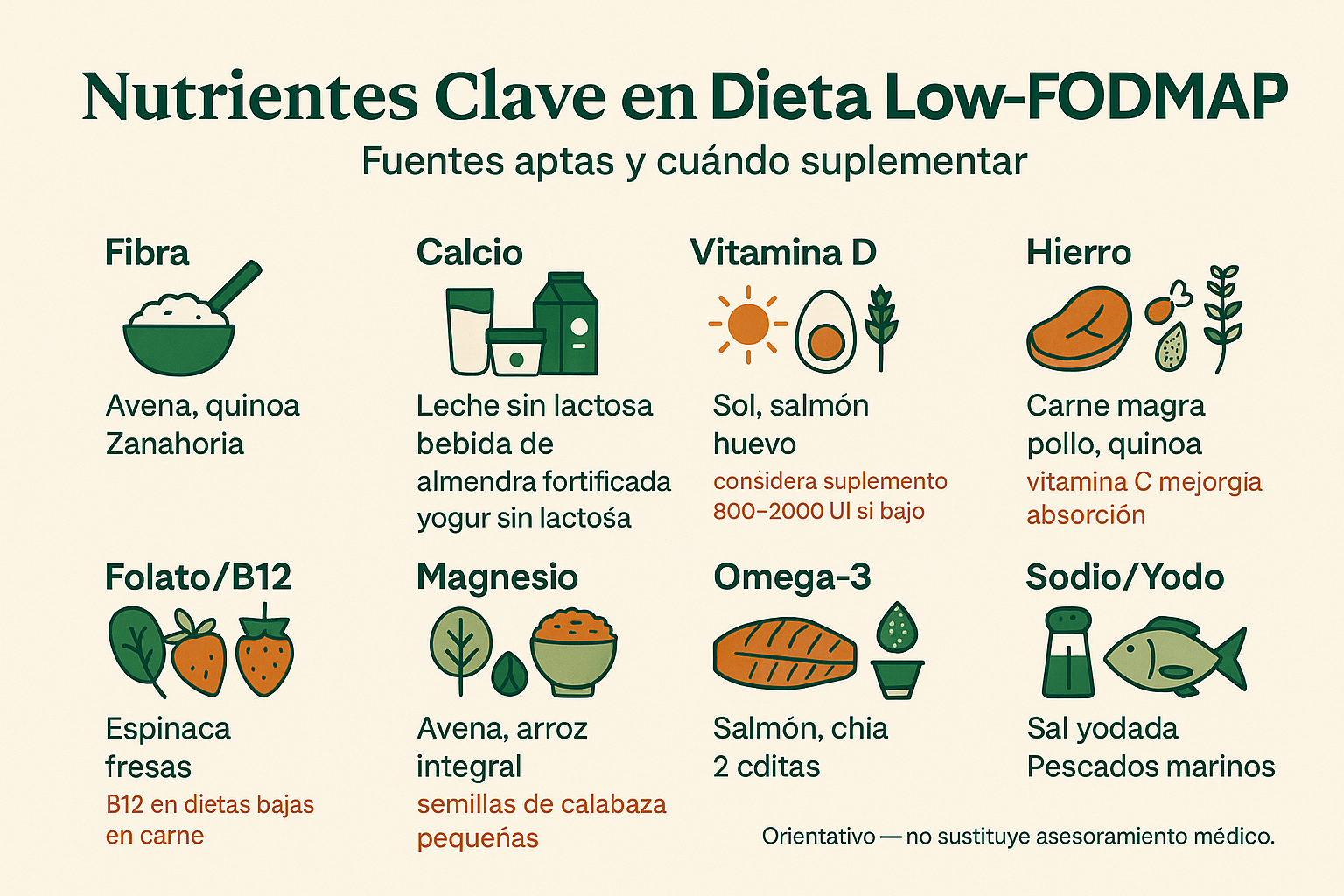 Infografía visual mostrando los nutrientes clave que pueden requerir atención durante la dieta Low-FODMAP