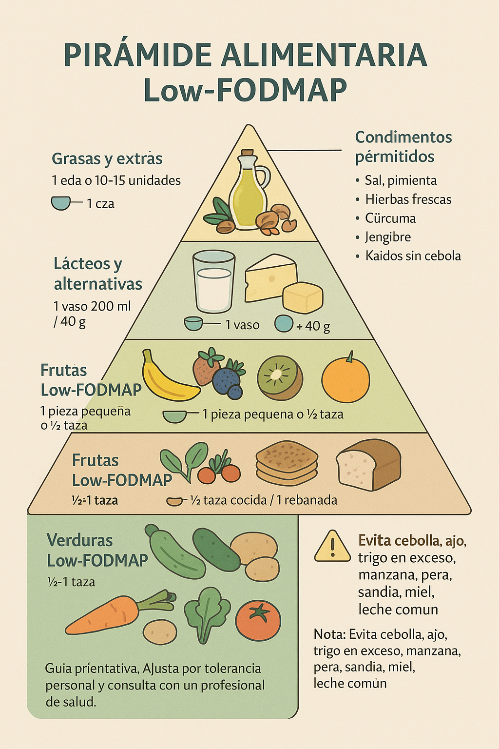 Pirámide alimentaria Low-FODMAP con los alimentos permitidos organizados por categorías y porciones recomendadas