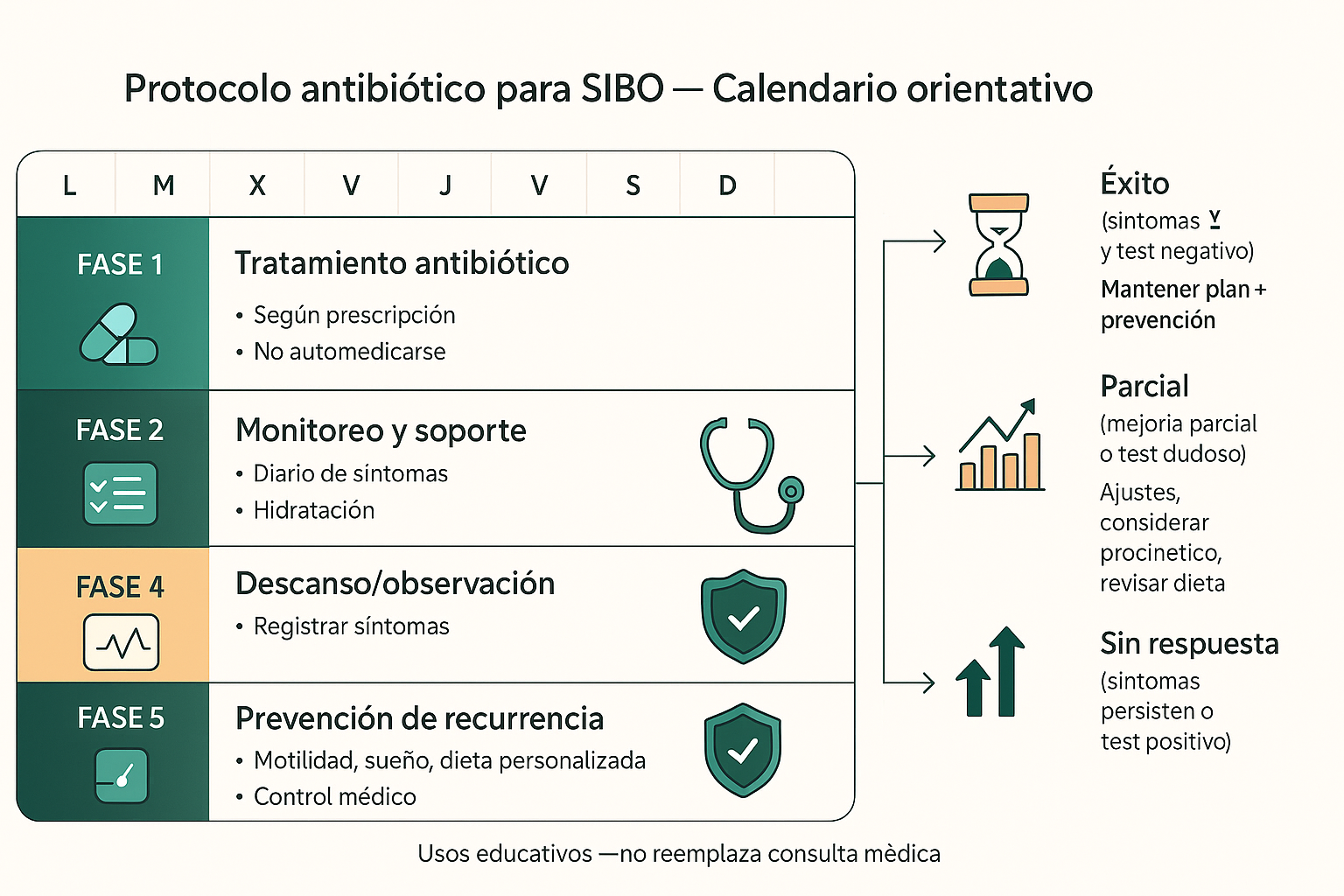 Diagrama de flujo temporal mostrando un protocolo completo de tratamiento antibiótico