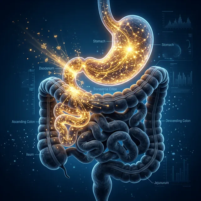 Ilustración médica 3D del tracto digestivo mostrando la absorción de nutrientes luminosos en la parte superior, mientras la parte inferior permanece oscura, simbolizando la inanición bacteriana