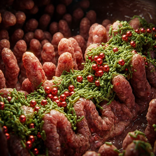 Vellosidades intestinales inflamadas bloqueando la absorción de hierro