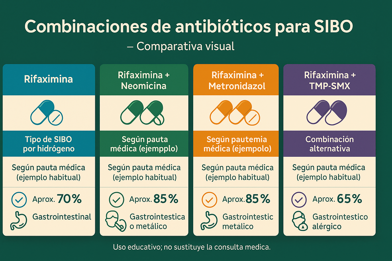 Tabla comparativa visual de las diferentes combinaciones de antibióticos